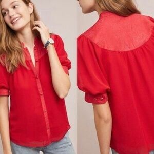 Maeve Women's Red Viscose Blouse Size Small, Short Sleeve Button Down